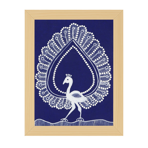 Framed artwork of a white peacock design on a blue background