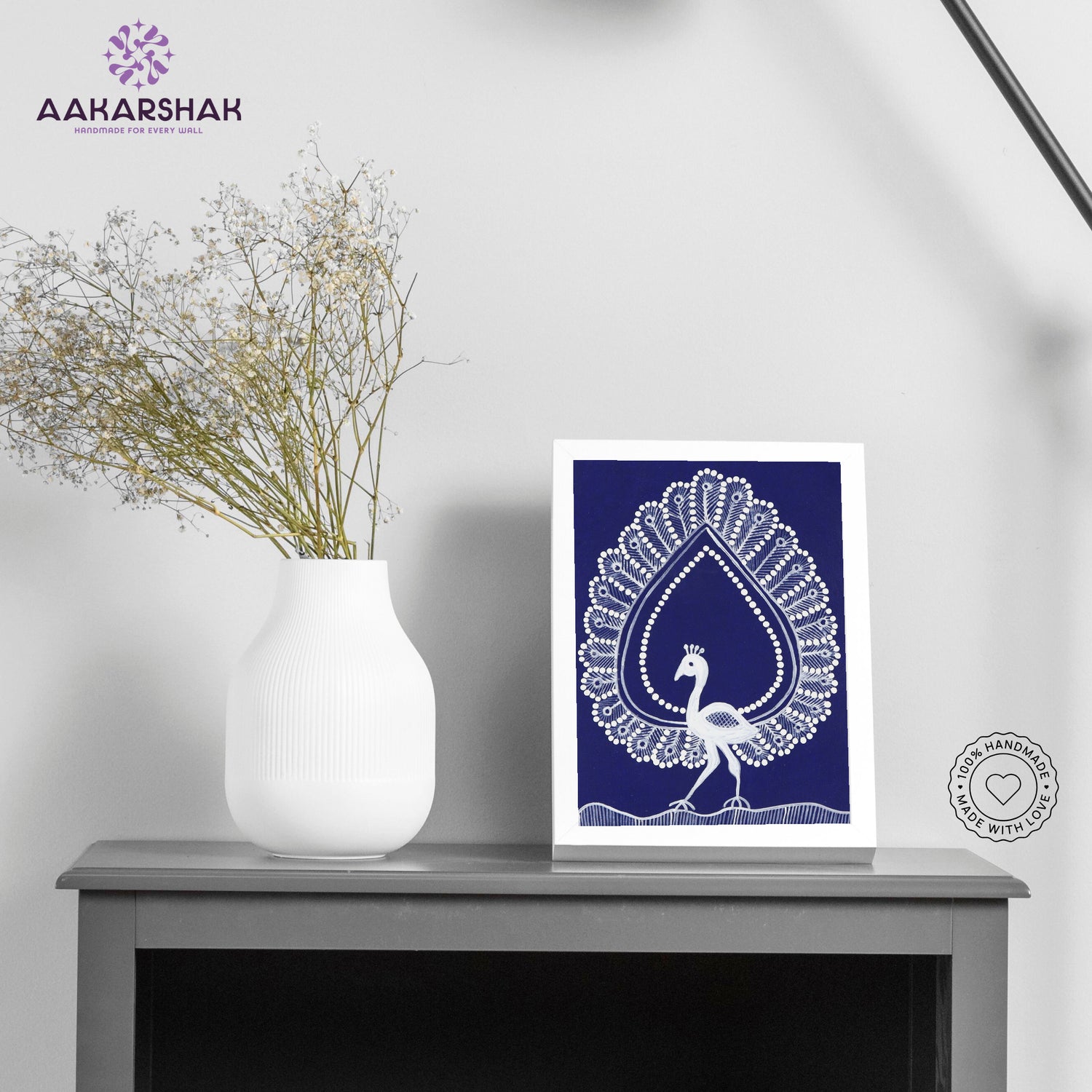 Handmade warli peacock painting-with tabletop stand for home decor
