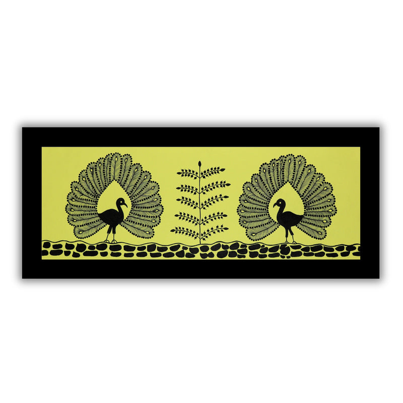 Framed artwork of a black peacock- handmade warli painting 