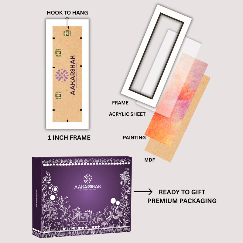 Diagram of aakarshak product components including frame, acrylic sheet, painting, packaging-framed warli painting-perfect for gifting