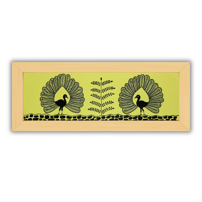 Framed artwork of a colorful peacock-with handmade warli painting 