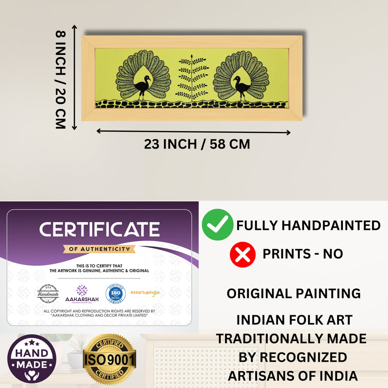 Handmade Warli Peacock Painting 8x23 Inch Framed Tribal Art