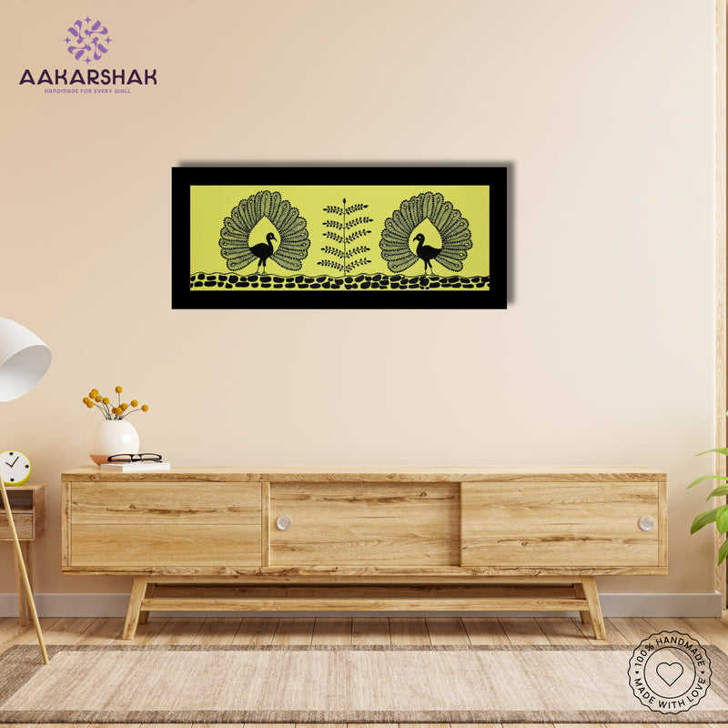 Handmade Warli Peacock Painting 8x23 Inch Framed Tribal Art