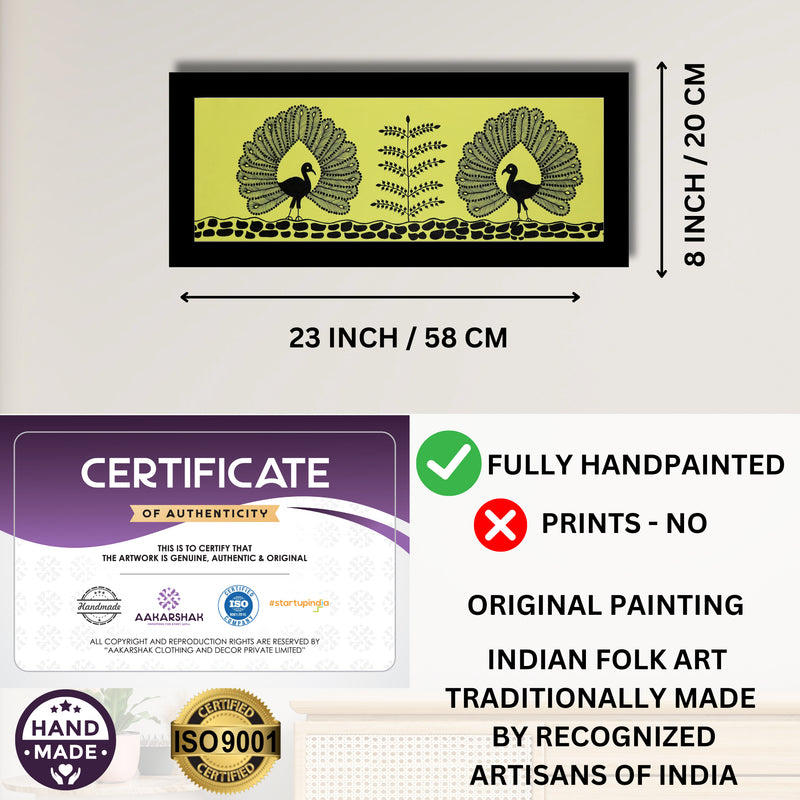 Handmade Warli Peacock Painting 8x23 Inch Framed Tribal Art