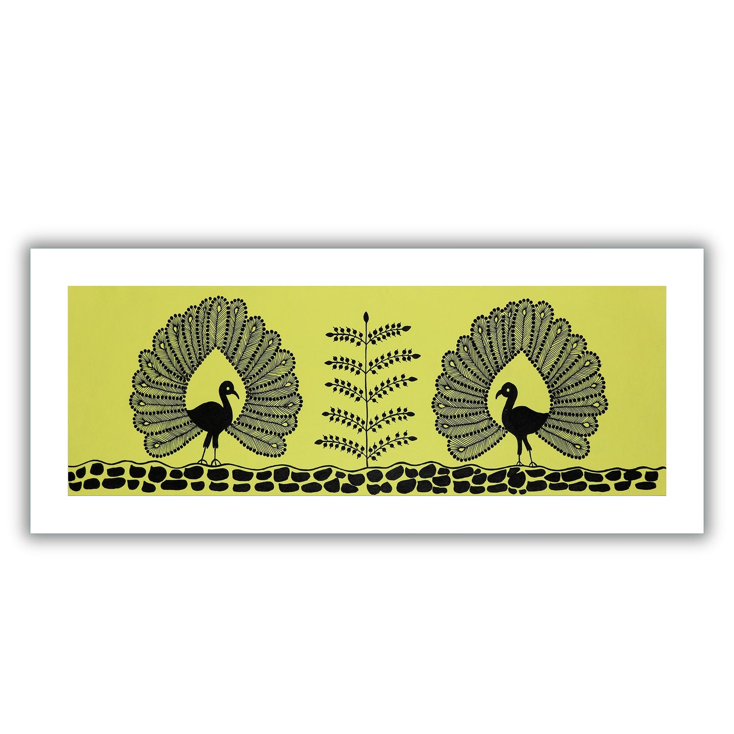 Framed artwork of a colorful peacock-with handmade warli painting 