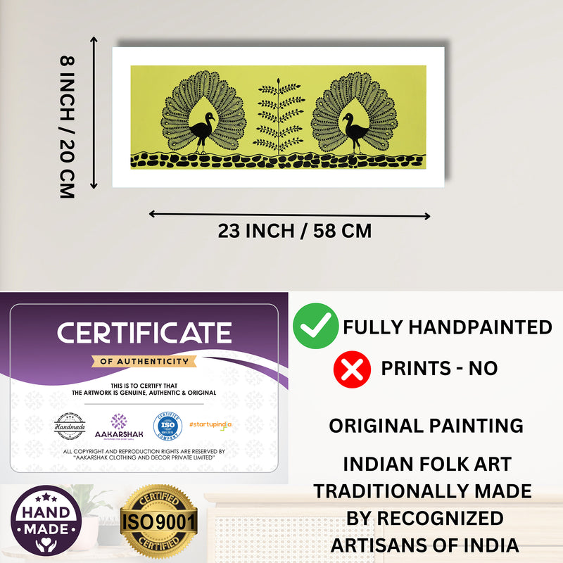 Handmade Warli Peacock Painting 8x23 Inch Framed Tribal Art