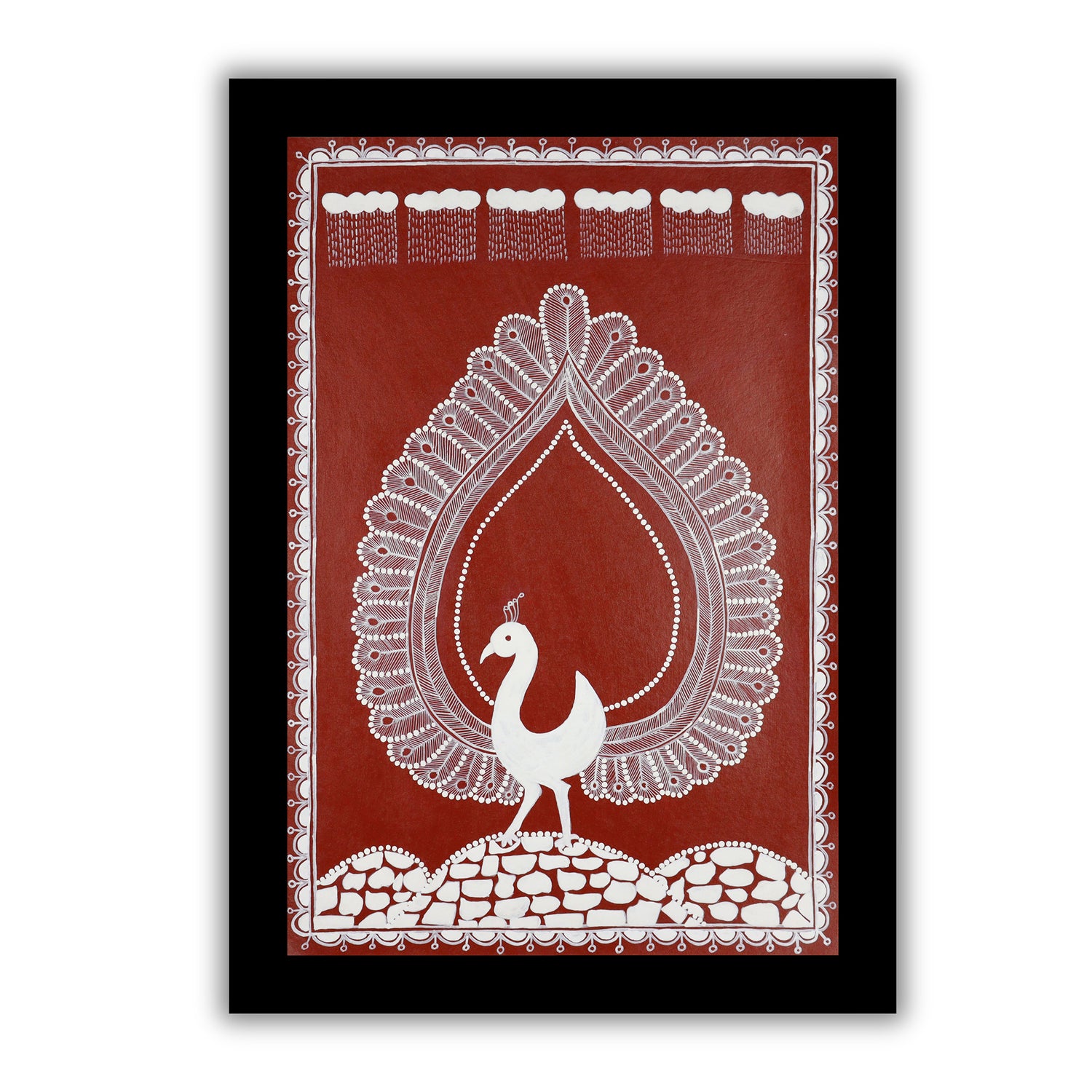 Handmade Warli Peacock Painting 17x24 Inch Framed Tribal Art