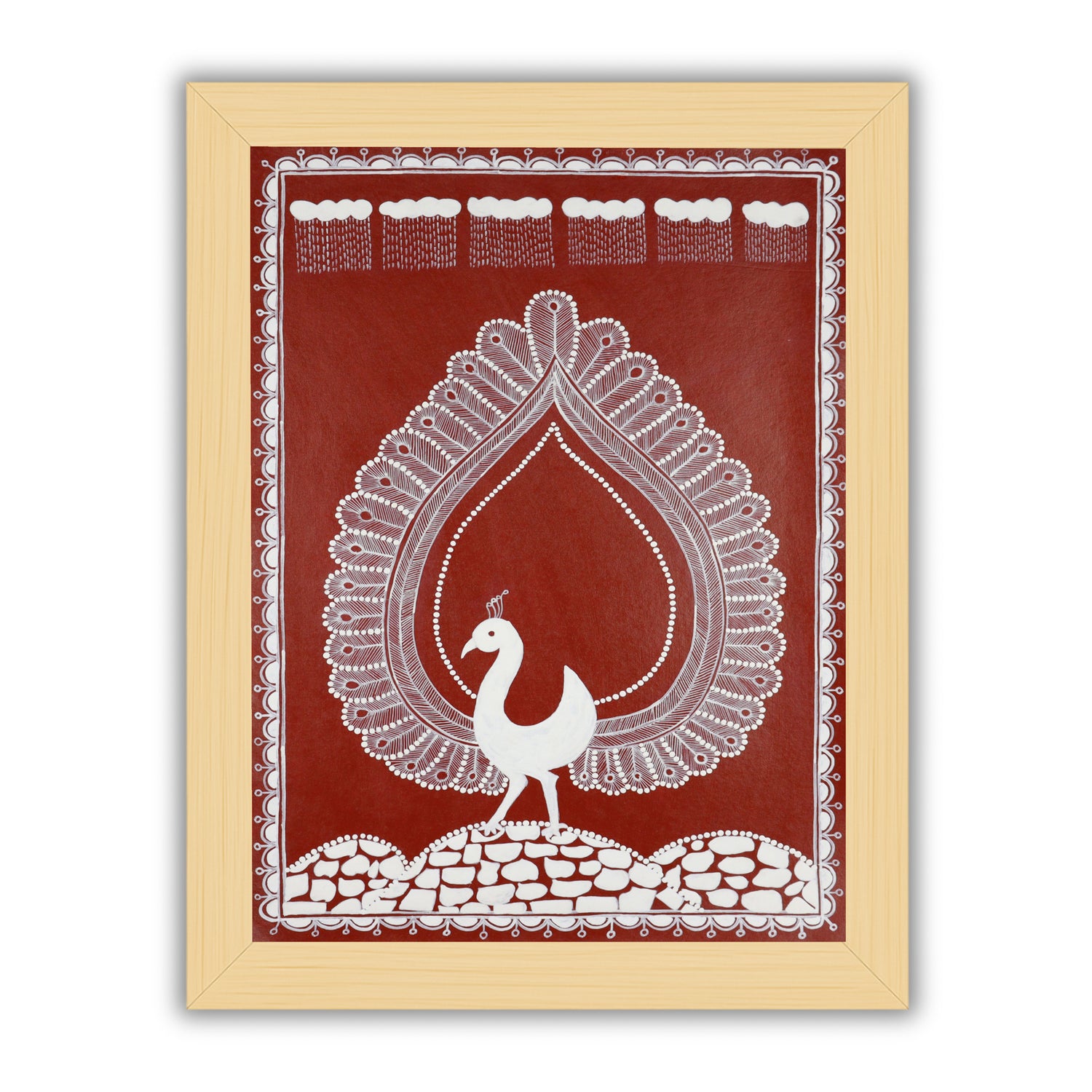 Framed artwork of a white peacock design- handmade warli painting 