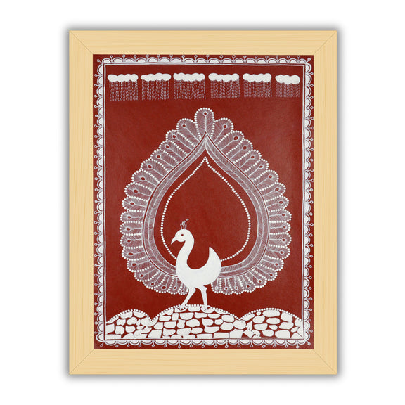 Framed artwork of a white peacock design- handmade warli painting 