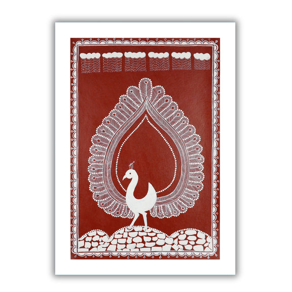 Framed artwork of a white peacock design- handmade warli painting 