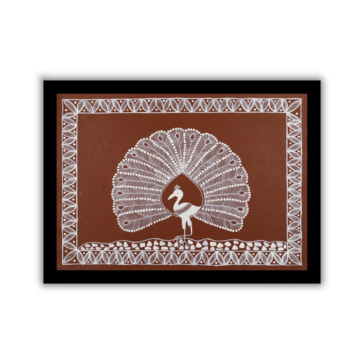 white peacock design on a brown background with handmade warli painting