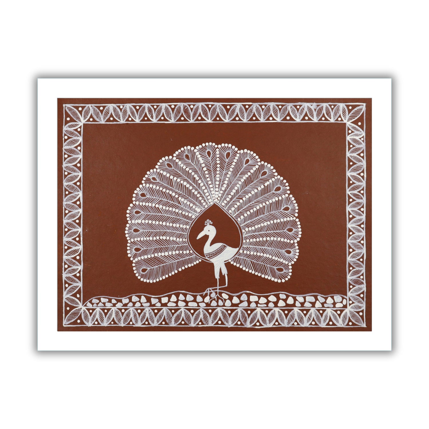 white peacock design on a brown background with handmade warli painting