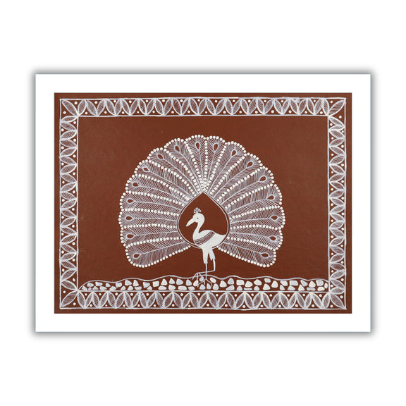 white peacock design on a brown background with handmade warli painting