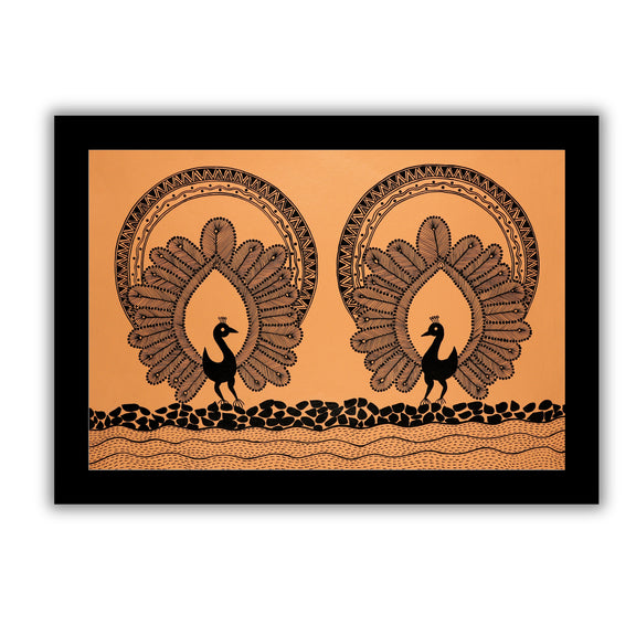 Framed artwork of a black peacock design- handmade warli painting 