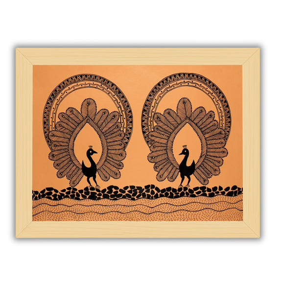 Framed artwork of a black peacock design- handmade warli painting 