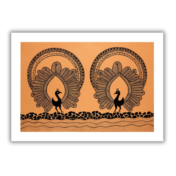 Framed artwork of a black peacock design- handmade warli painting 
