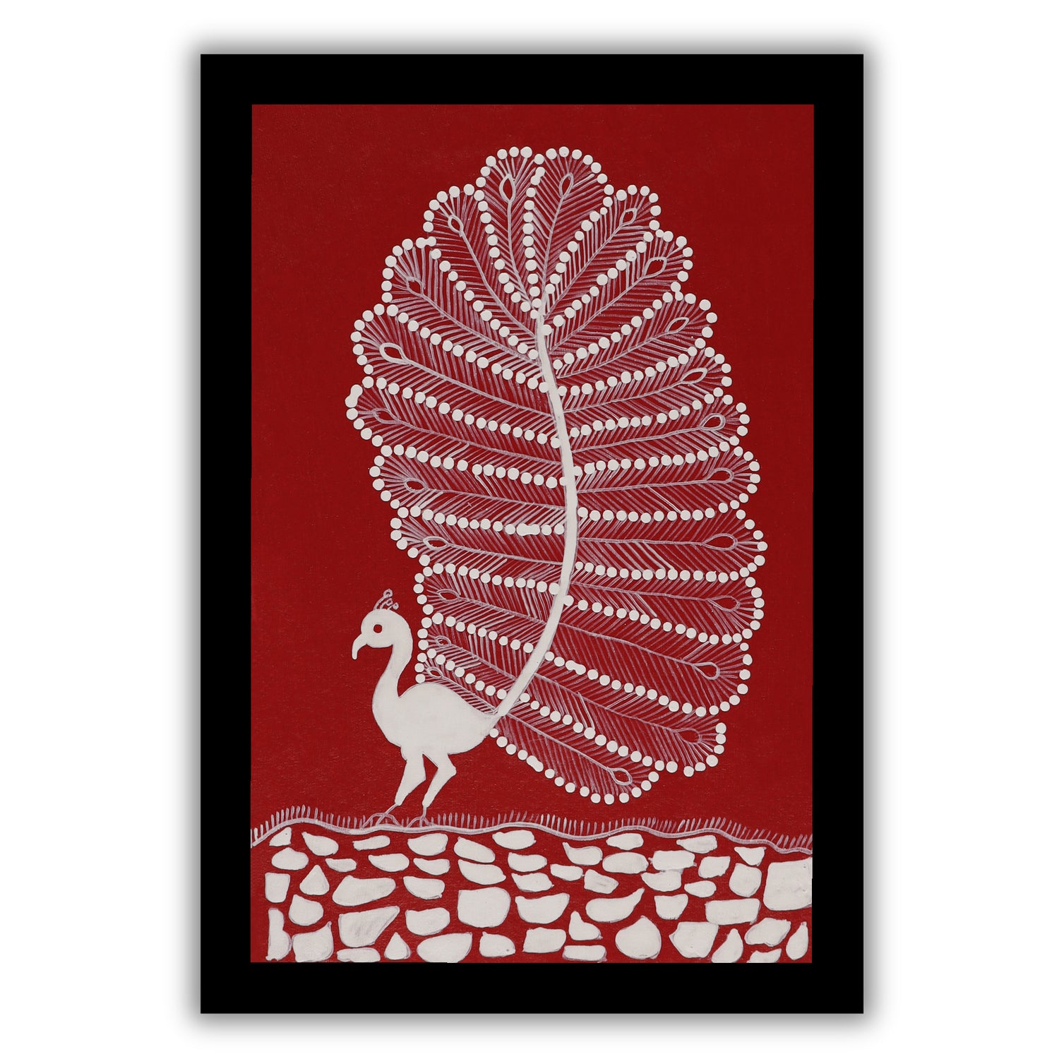 Framed artwork with a white peacock warli painting on a red background