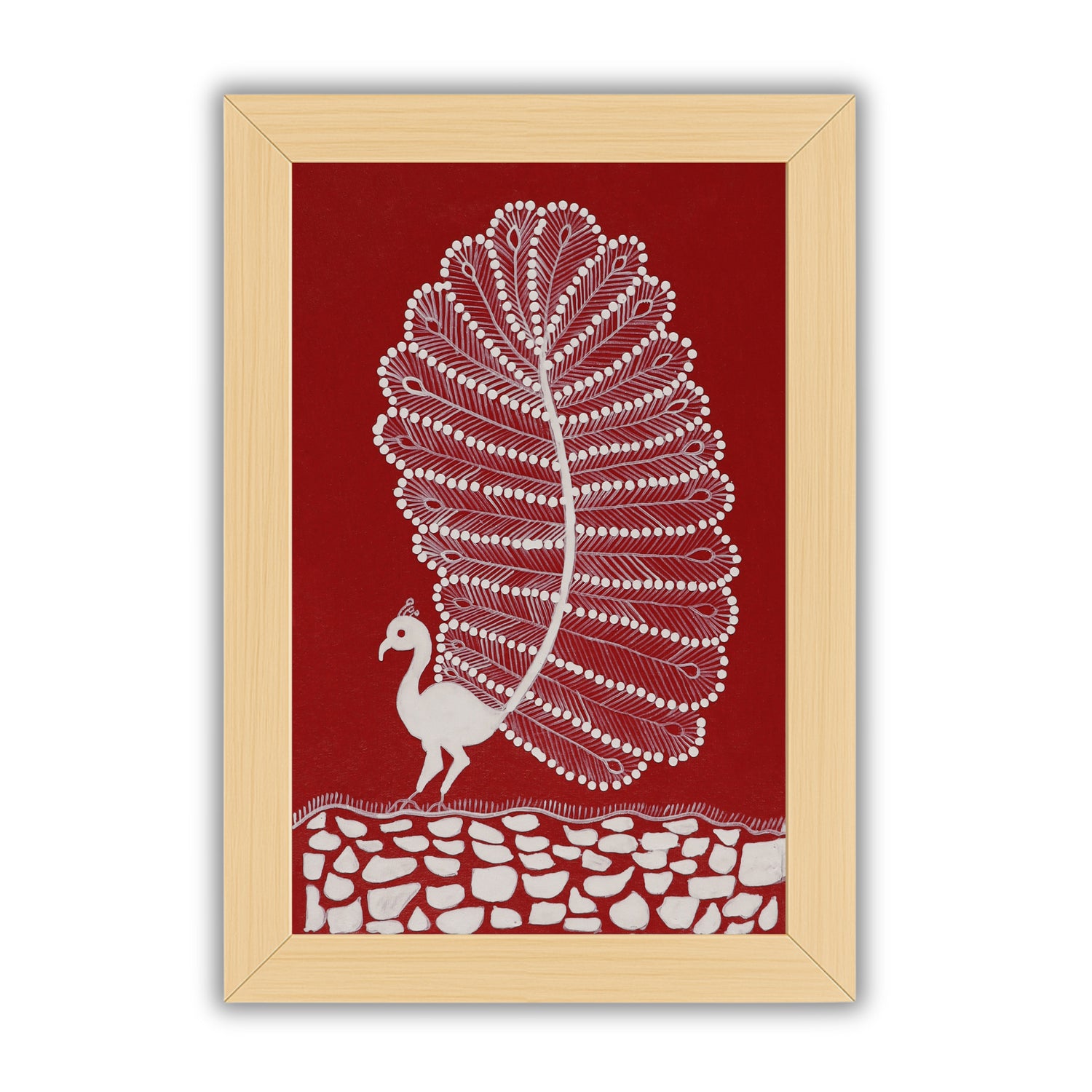 Framed artwork with a white peacock warli painting on a red background