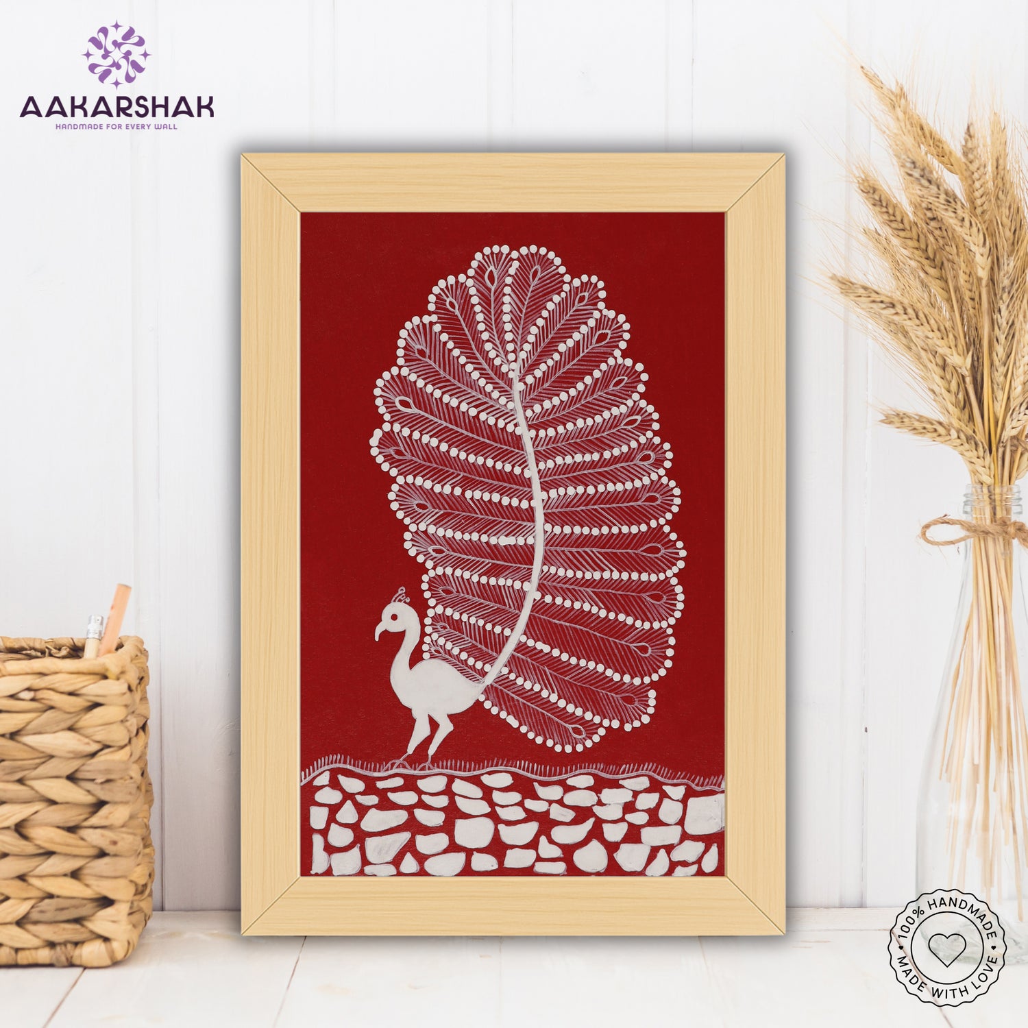 Framed artwork with white peacock warli painting on a brown background-with tabletop stand for home decor