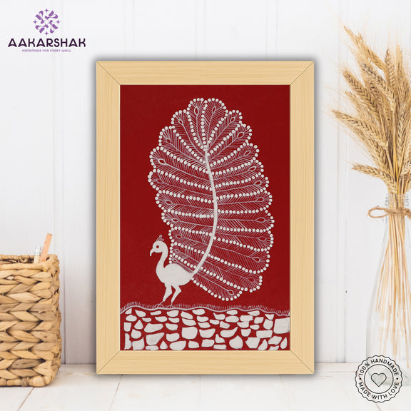 Framed artwork with white peacock warli painting on a brown background-with tabletop stand for home decor