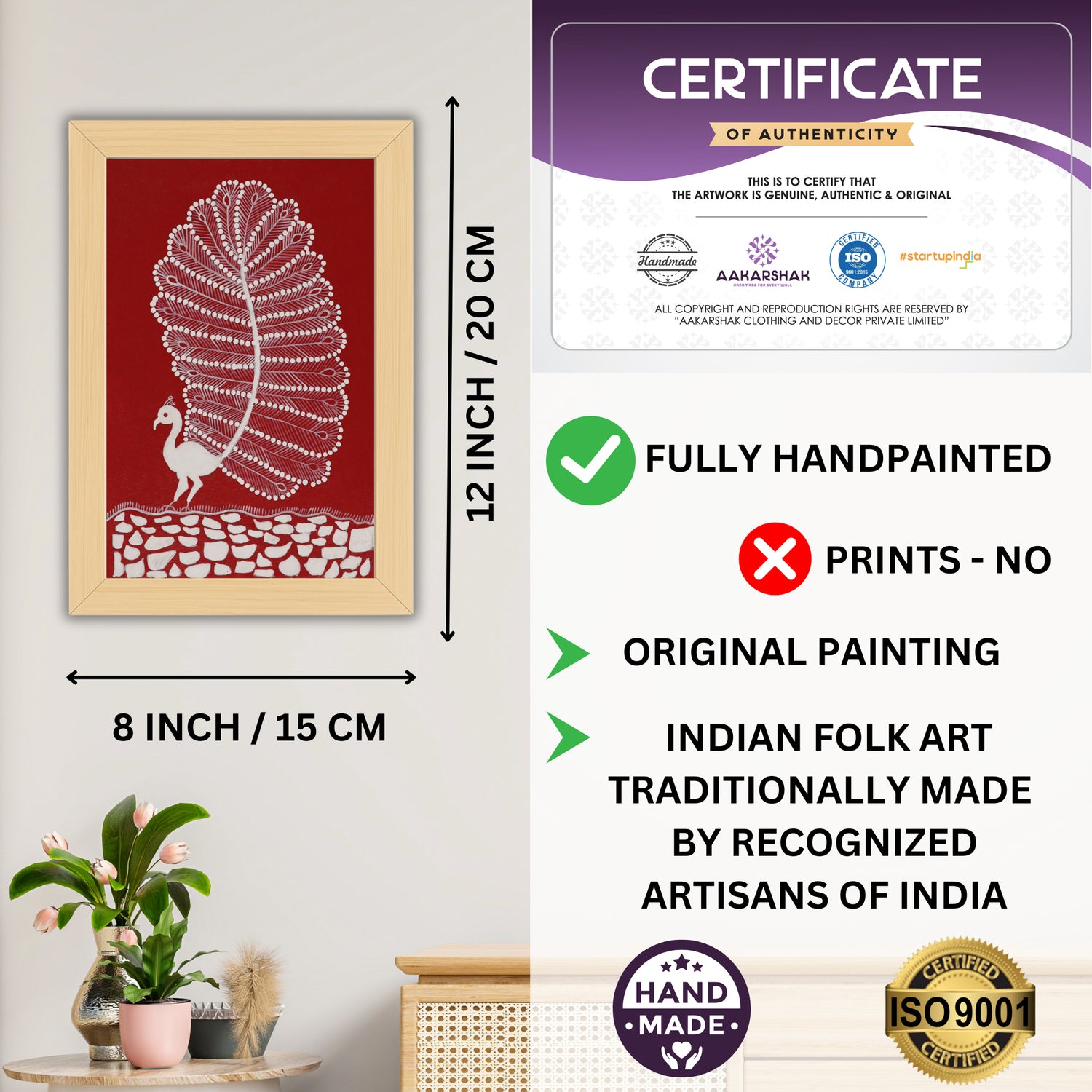 Framed artwork with dimensions, authenticity certificate-handmade iso certified-peacock warli painting