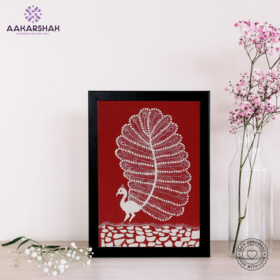 Framed artwork with white peacock warli painting on a brown background-with tabletop stand for home decor