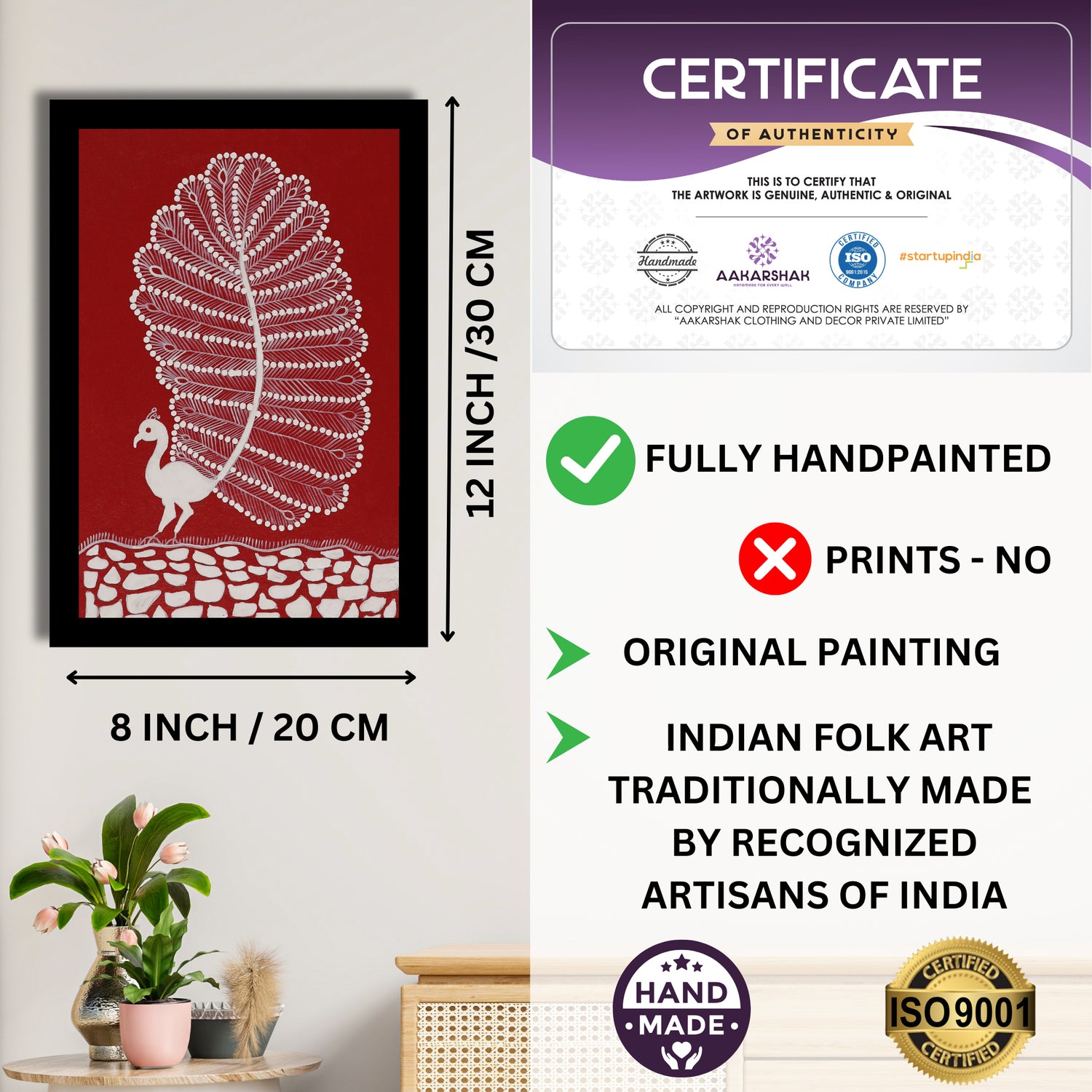 Framed artwork with dimensions, authenticity certificate-handmade iso certified-peacock warli painting
