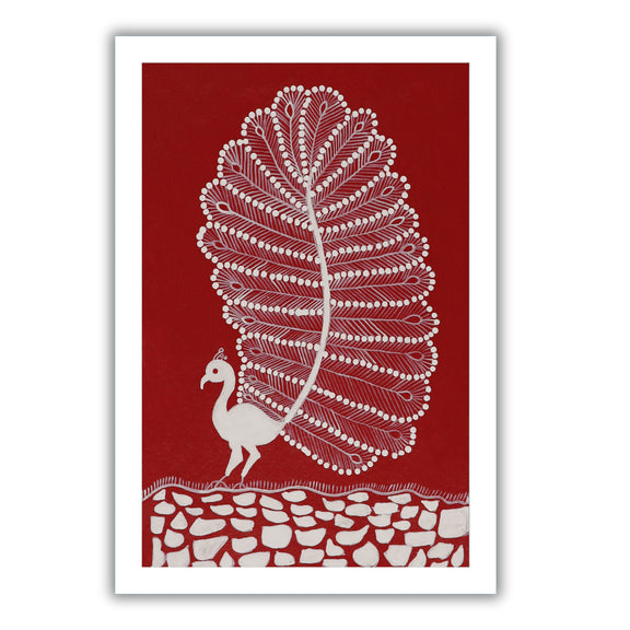 Framed artwork with a white peacock warli painting on a red background
