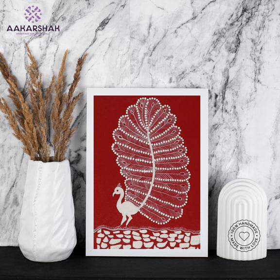 Framed artwork with white peacock warli painting on a brown background-with tabletop stand for home decor