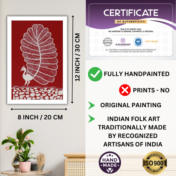 Framed artwork with dimensions, authenticity certificate-handmade iso certified-peacock warli painting