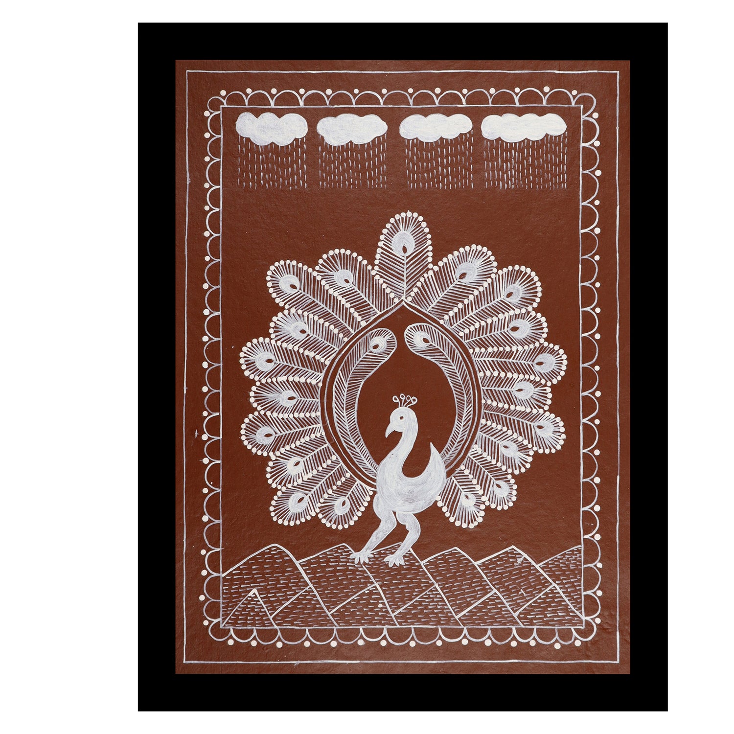 white peacock design on a brown background with handmade warli painting
