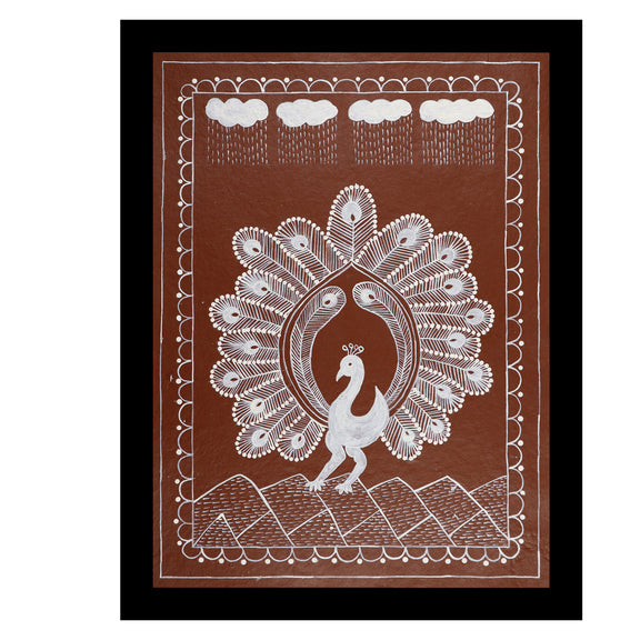 white peacock design on a brown background with handmade warli painting