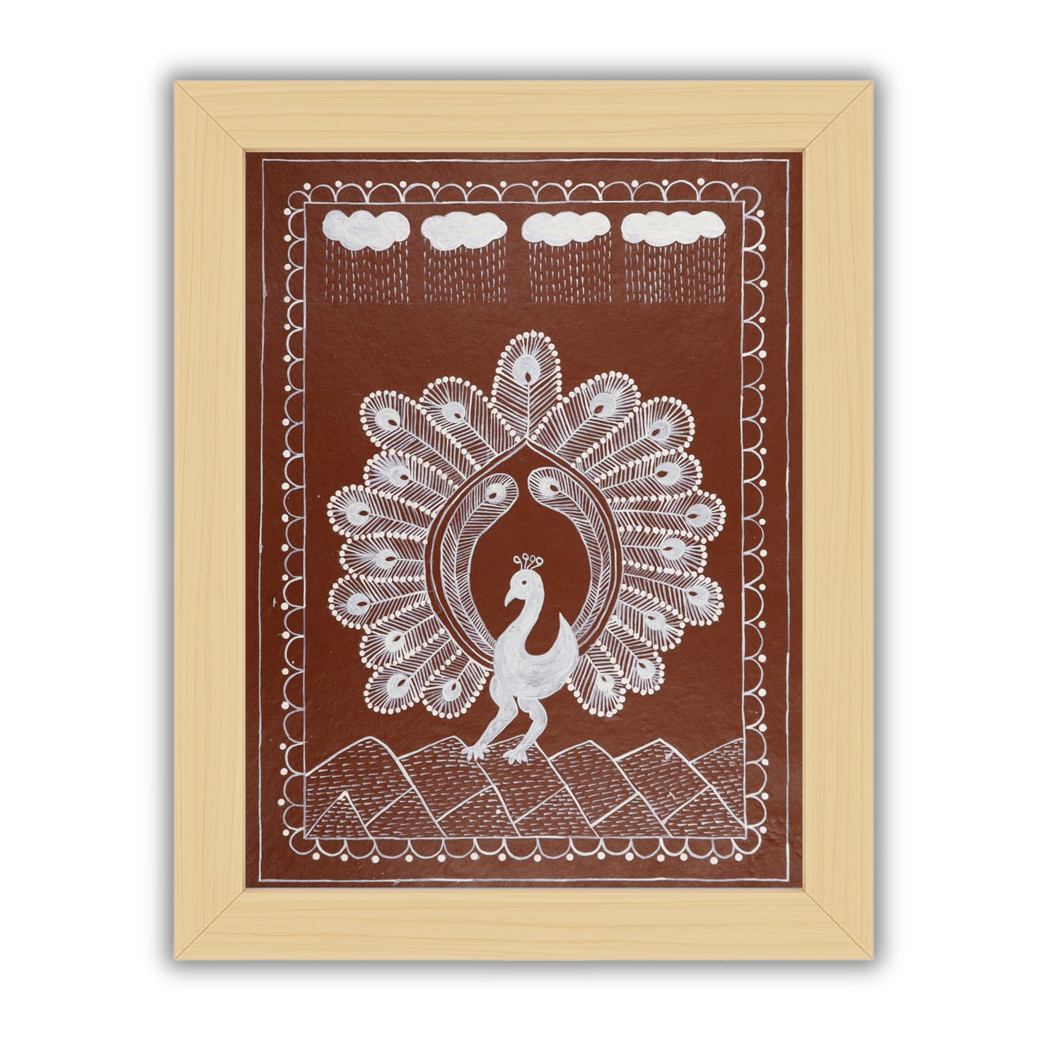 white peacock design on a brown background with handmade warli painting