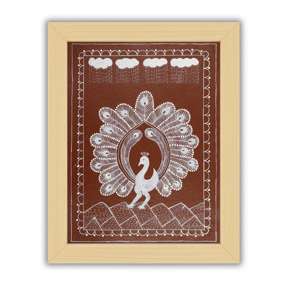 white peacock design on a brown background with handmade warli painting