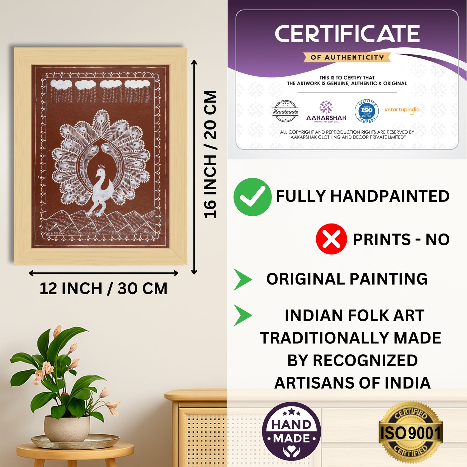 Framed artwork with dimensions, authenticity certificate and handmade iso certified-peacock warli painting
