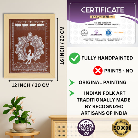 Framed artwork with dimensions, authenticity certificate and handmade iso certified-peacock warli painting
