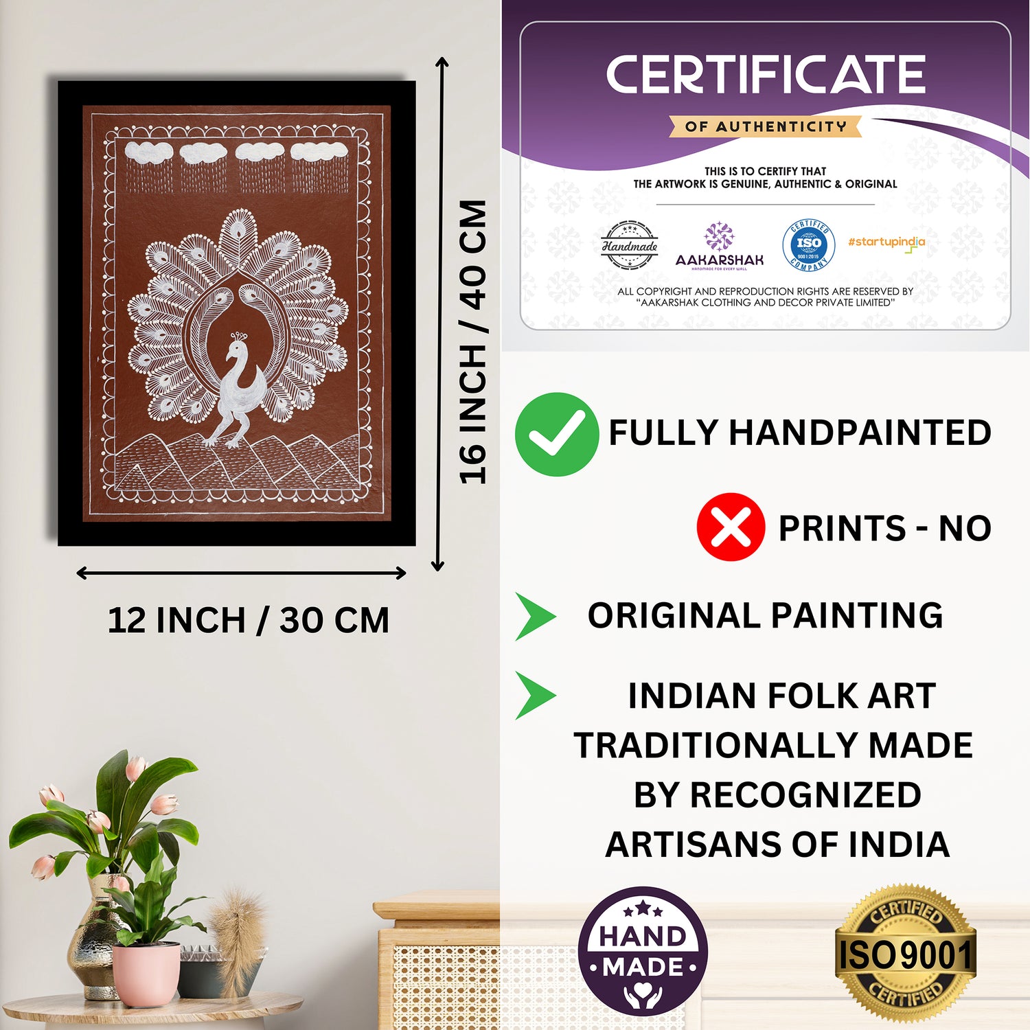 Framed artwork with dimensions, authenticity certificate and handmade iso certified-peacock warli painting
