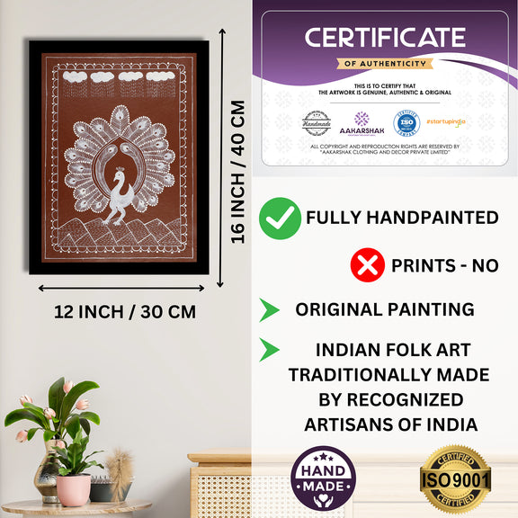 Framed artwork with dimensions, authenticity certificate and handmade iso certified-peacock warli painting
