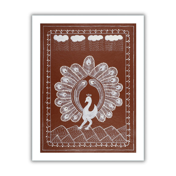 white peacock design on a brown background with handmade warli painting