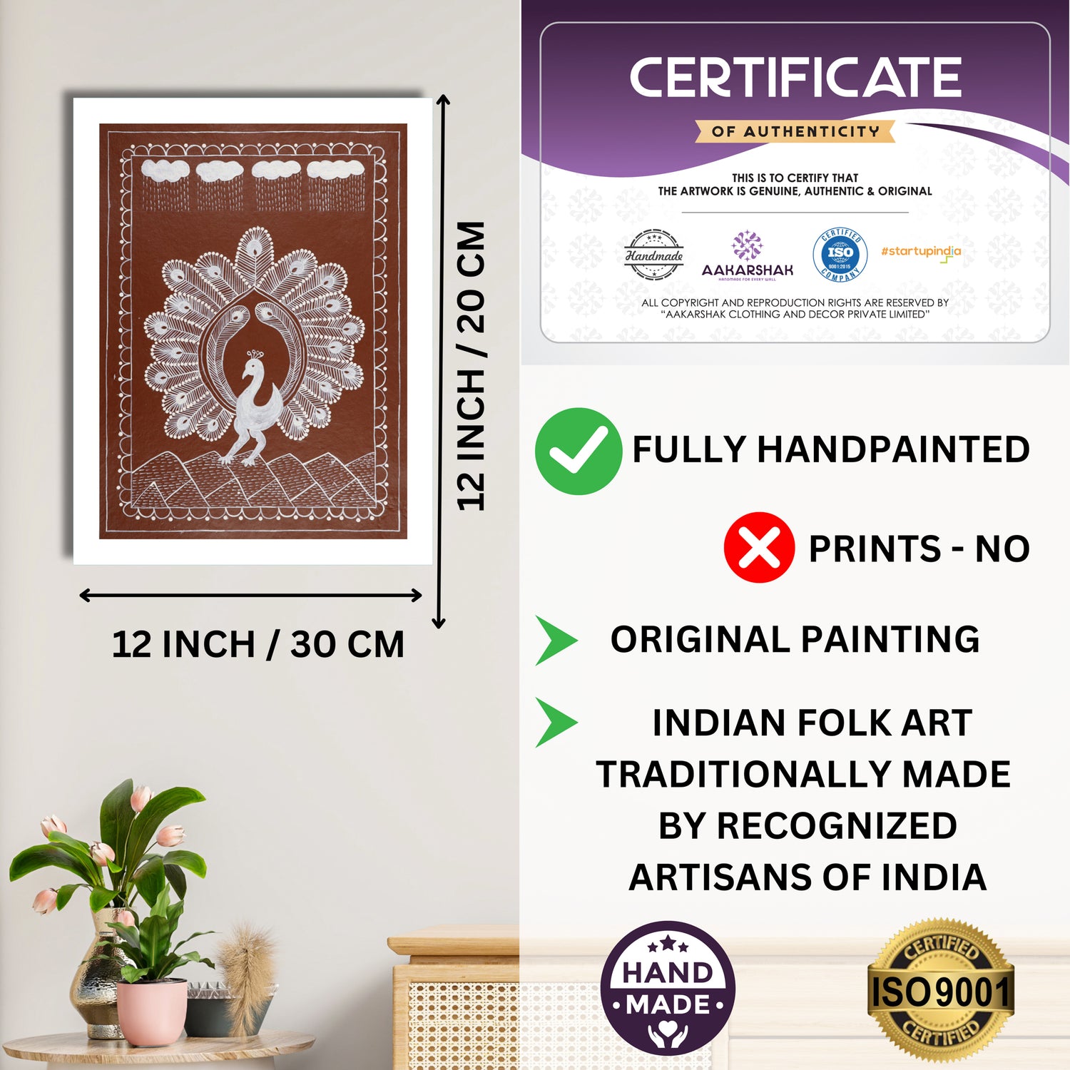 Framed artwork with dimensions, authenticity certificate and handmade iso certified-peacock warli painting
