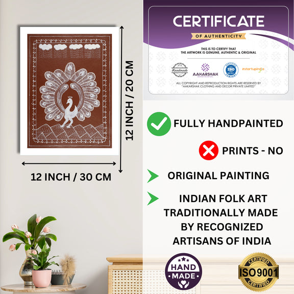 Framed artwork with dimensions, authenticity certificate and handmade iso certified-peacock warli painting
