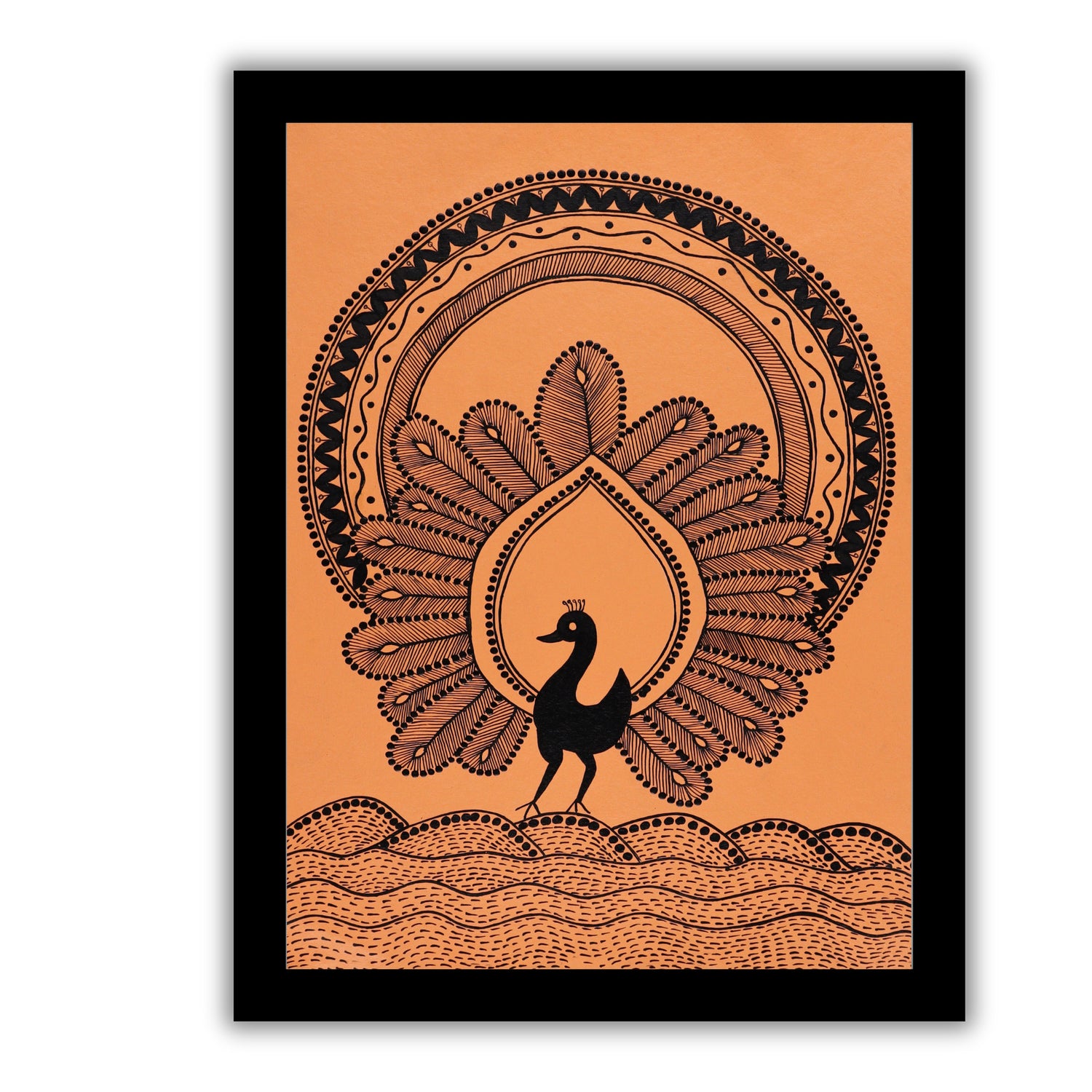 white peacock design on a orange  background with handmade warli painting