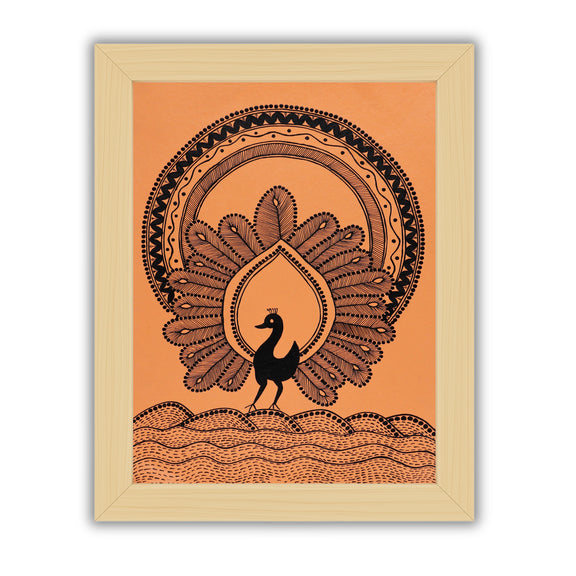 white peacock design on a orange  background with handmade warli painting
