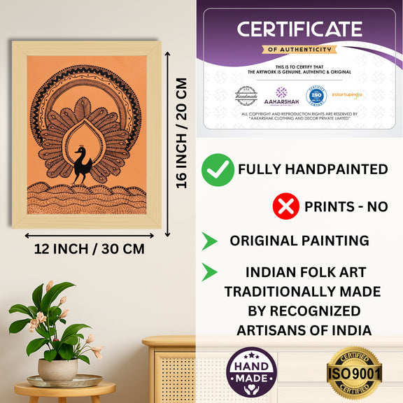 Framed artwork with dimensions, authenticity certificate and handmade iso certified-peacock warli painting
