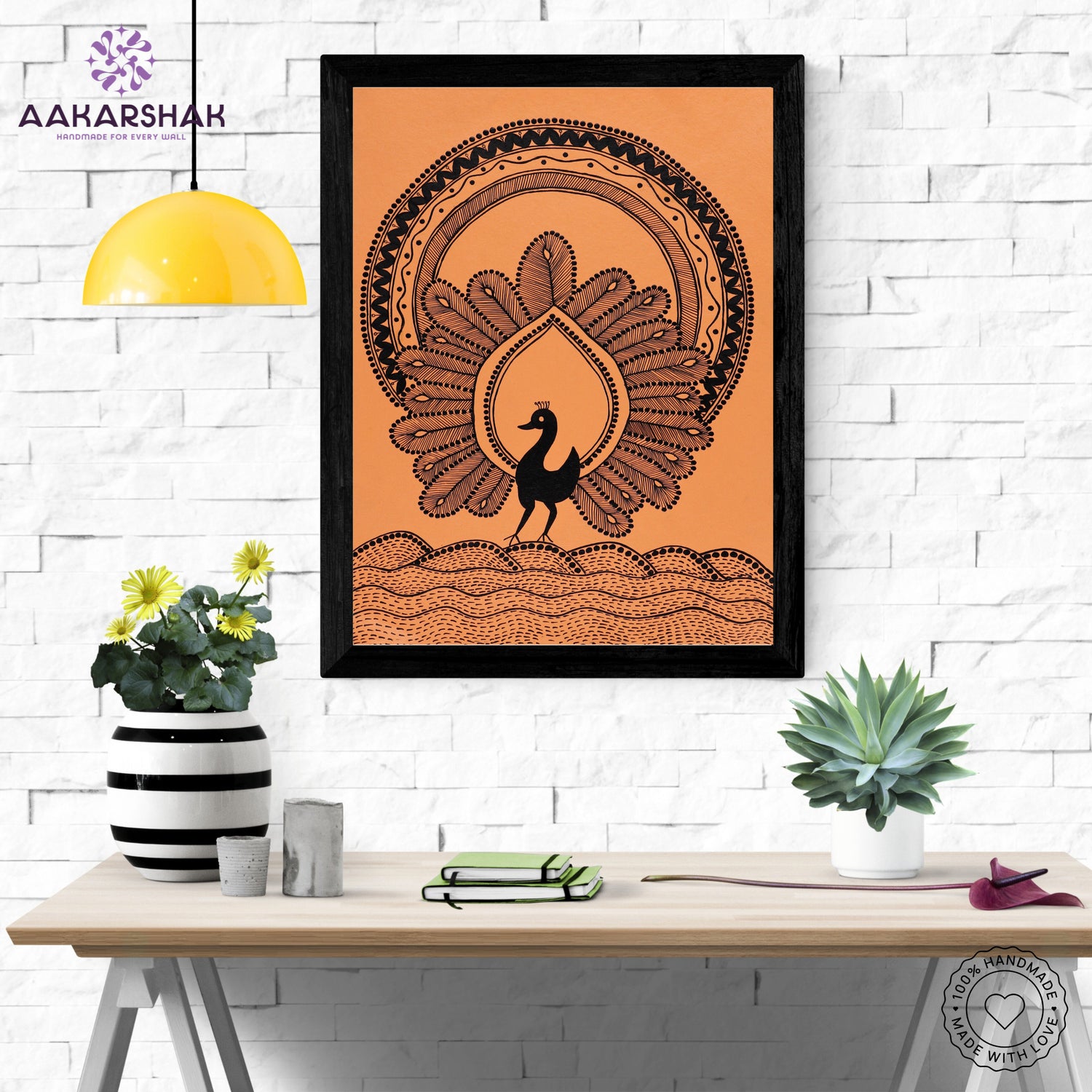 Framed artwork with white peacock design on a orange background-handmade warli painting for home decor