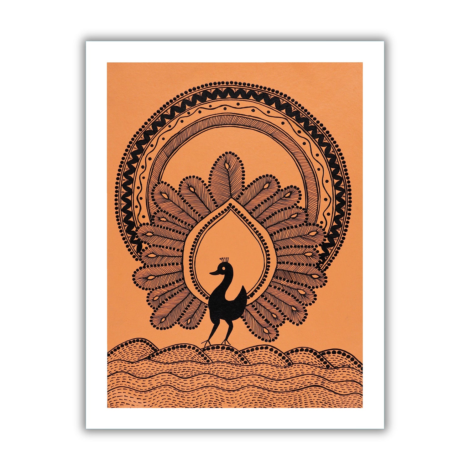 white peacock design on a orange  background with handmade warli painting