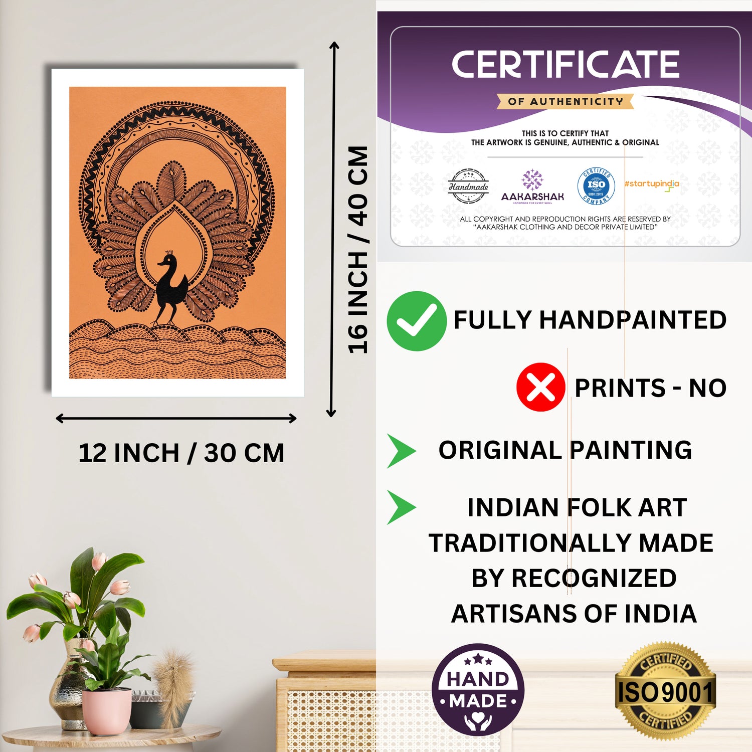 Framed artwork with dimensions, authenticity certificate and handmade iso certified-peacock warli painting
