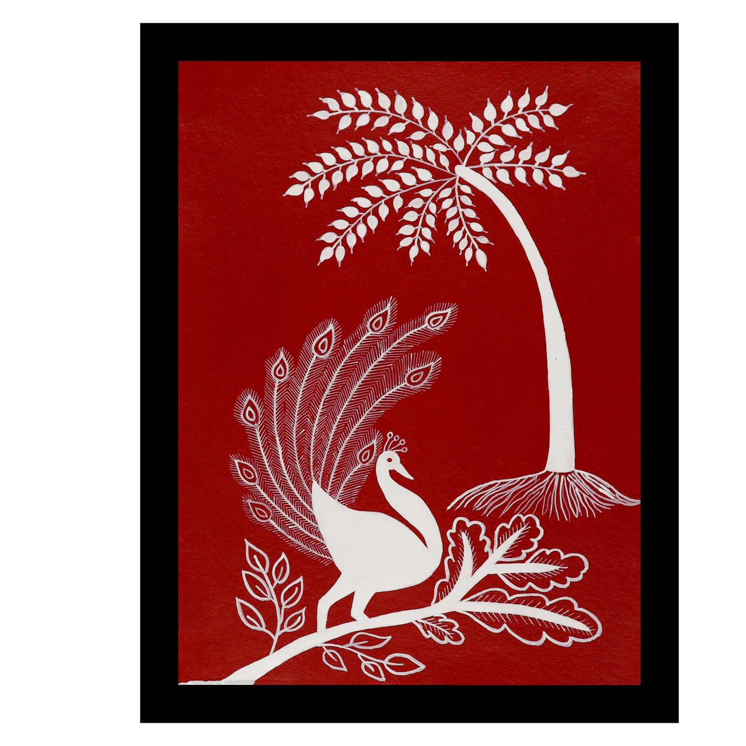 white peacock design on a red background with handmade warli painting 
