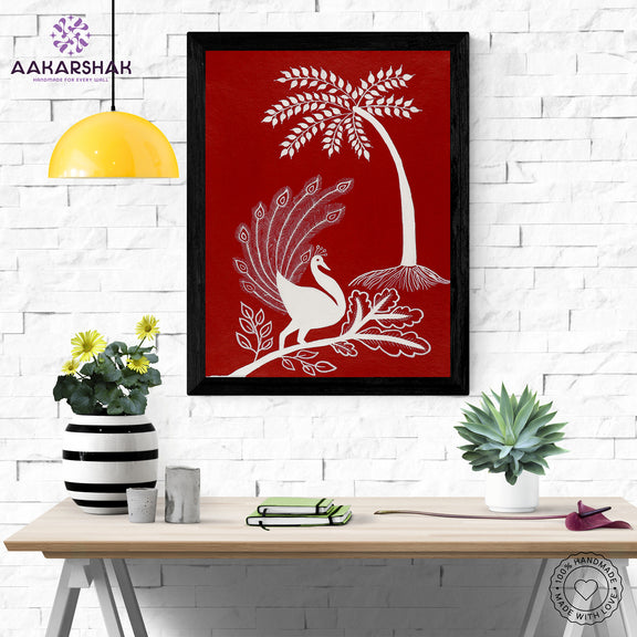 Framed artwork with white peacock design on a red background-handmade warli painting for home decor
