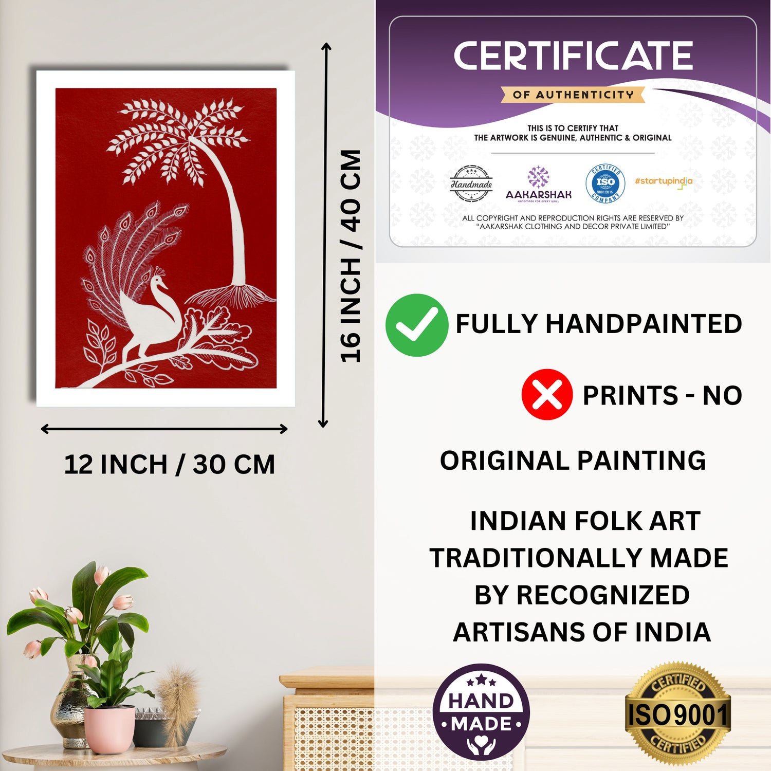 Framed artwork with dimensions, authenticity certificate and handmade iso certified-peacock warli painting